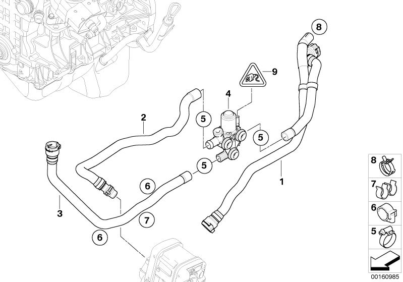 Illustration du Soupapes d`eau chauffage auxiliaire pour les BMW 3 Série Modèles  Pièces de rechange d'origine BMW du catalogue de pièces électroniques (ETK) pour véhicules automobiles BMW (voiture)   Changeover valve, Hose clamp, Hose f engine inlet-chan