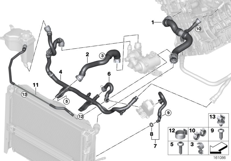 Picture board Cooling System Water Hoses for the BMW 1 Series models  Original BMW spare parts from the electronic parts catalog (ETK) for BMW motor vehicles (car)   Clip, Hose clamp, Hose, engine feed-radiator top, Hose, heater return pipe, Hose, radiato