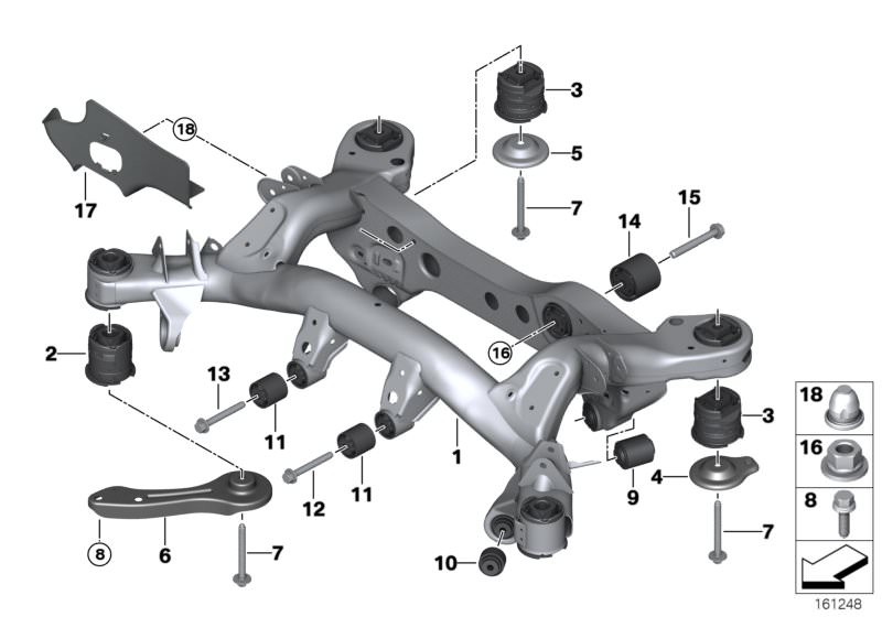 Picture board REAR AXLE CARRIER for the BMW 3 Series models  Original BMW spare parts from the electronic parts catalog (ETK) for BMW motor vehicles (car)   Combination nut, Hex Bolt with washer, PUSH ROD RIGHT, REAR AXLE CARRIER, Rubber mount, roll-over 