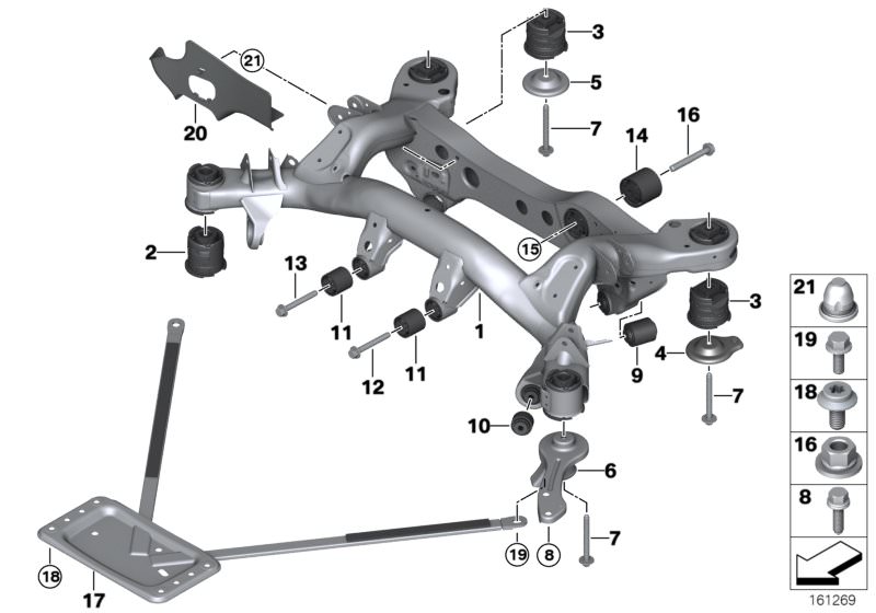 Picture board REAR AXLE CARRIER for the BMW 3 Series models  Original BMW spare parts from the electronic parts catalog (ETK) for BMW motor vehicles (car)   Fixing plug, Hex Bolt with washer, Hexagon screw with flange, Nut, PUSH ROD LEFT, REAR AXLE CARRIE