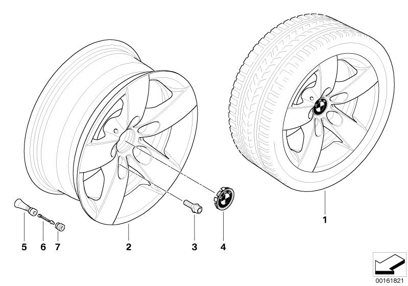 Picture board BMW LA wheel, start spoke 242 for the BMW 5 Series models  Original BMW spare parts from the electronic parts catalog (ETK) for BMW motor vehicles (car)   Hub cap with chrome edge, Light alloy rim, Rubber valve, Valve, Valve caps, Wheel bolt