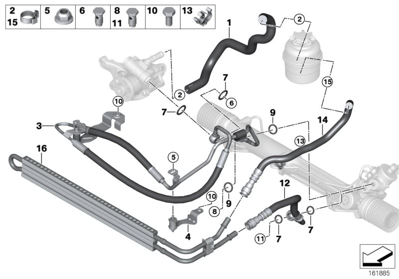 Picture board HYDRO STEERING-OIL PIPES for the BMW 3 Series models  Original BMW spare parts from the electronic parts catalog (ETK) for BMW motor vehicles (car)   Banjo bolt with check valve, Bracket, expansion hose, Expansion hose, Gasket ring, Hexagon 