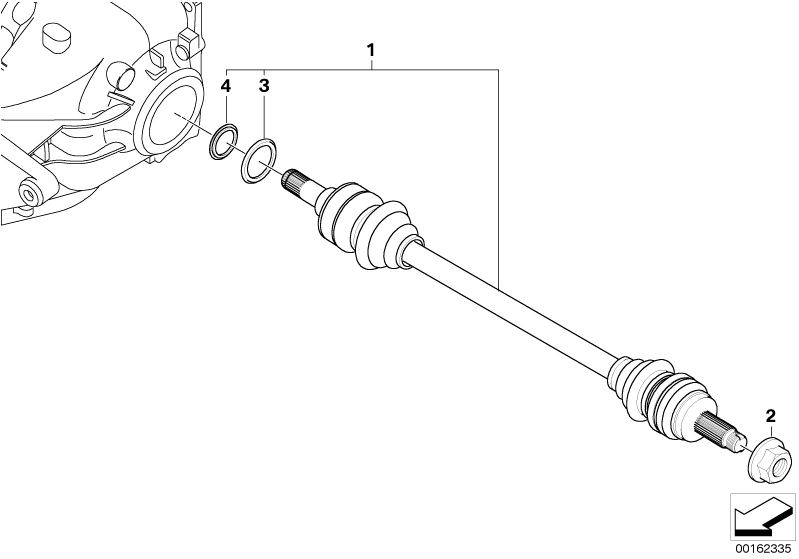 Illustration du Arbre de sortie pour les BMW X Série Modèles  Pièces de rechange d'origine BMW du catalogue de pièces électroniques (ETK) pour véhicules automobiles BMW (voiture)   Collar nut, Dust plate, inner, Dust plate, outer, Output shaft