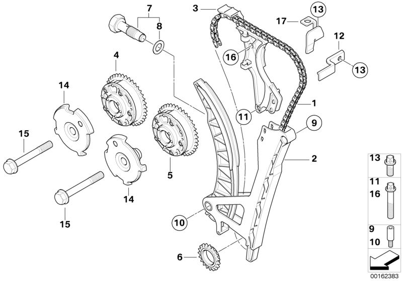 Picture board Timing and valve train-timing chain for the BMW 3 Series models  Original BMW spare parts from the electronic parts catalog (ETK) for BMW motor vehicles (car)   Adjustment unit, inlet camshaft, Adjustment unit, outlet camshaft, Bearing bolt,