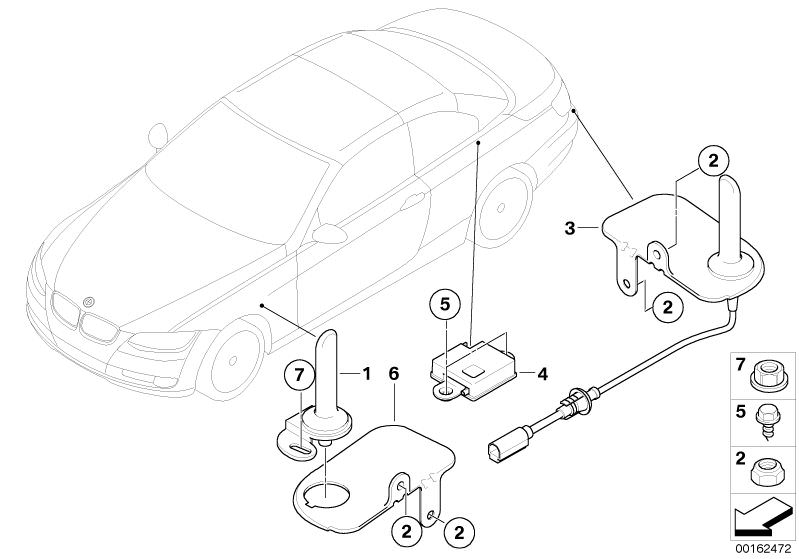 Picture board Single parts, telephone aerial for the BMW 3 Series models  Original BMW spare parts from the electronic parts catalog (ETK) for BMW motor vehicles (car)   Aerial, telephone, with holder, Antenna , telephone, Back-Up Antenna, Hex nut with fl