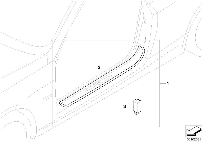 Picture board Illuminated door sill strip retrofit kit for the BMW 1 Series models  Original BMW spare parts from the electronic parts catalog (ETK) for BMW motor vehicles (car) 