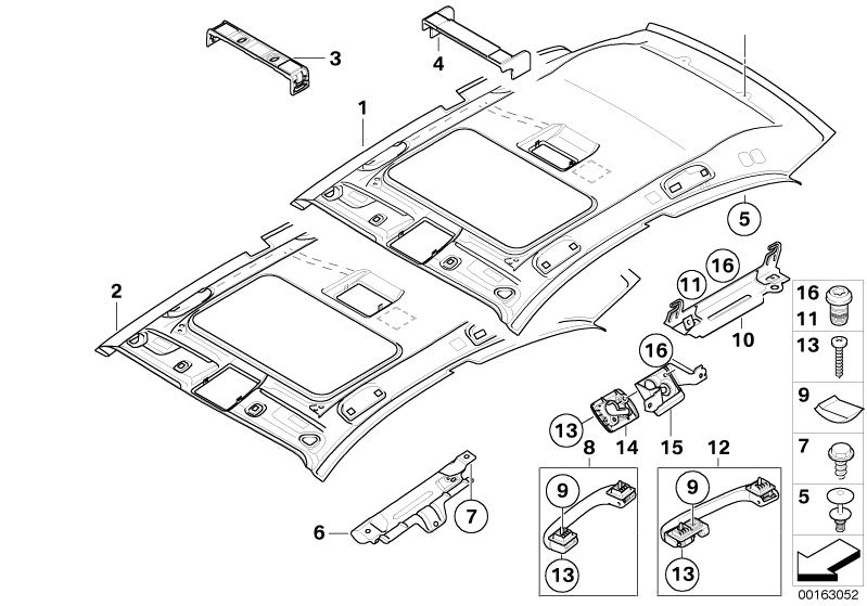 Picture board Headlining for the BMW 1 Series models  Original BMW spare parts from the electronic parts catalog (ETK) for BMW motor vehicles (car)   Bracket headliner sliding sunroof rear, Bracket, front right grab handle, Cover f dividing net bracket ri