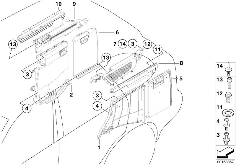 Picture board LATERAL TRUNK FLOOR TRIM PANEL for the BMW X Series models  Original BMW spare parts from the electronic parts catalog (ETK) for BMW motor vehicles (car)   Bracket, vent louvre, left, Bracket, vent louvre, right, Expanding rivet, Fillister h