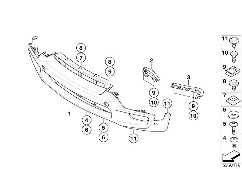 Picture board M trim panel, front for the BMW X Series models  Original BMW spare parts from the electronic parts catalog (ETK) for BMW motor vehicles (car)   C-clip nut, self-locking, Circlip, Hex Bolt with washer, Hex head screw, Locator, bumper, inner 