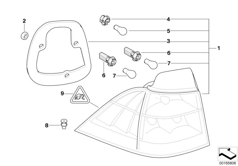 Picture board Rear light in the side panel for the BMW 5 Series models  Original BMW spare parts from the electronic parts catalog (ETK) for BMW motor vehicles (car)   Bulb silver, Bulb socket, Clip, rear light, Hex nut, Longlife bulb, Rear light in the s