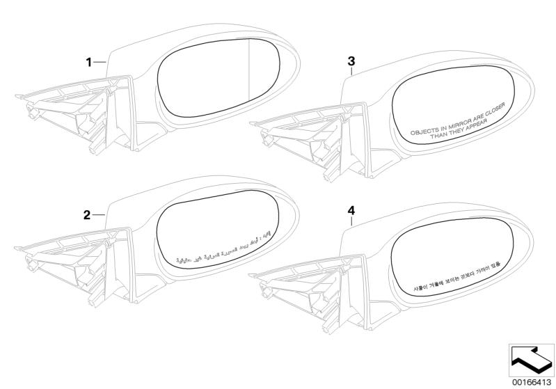 Bildtafel Spiegelglas (S430A) für die BMW 1er Modelle  Original BMW Ersatzteile aus dem elektronischen Teilekatalog (ETK) für BMW Kraftfahrzeuge( Auto)    Spiegelglas beheizt konvex rechts, Spiegelglas beheizt plan links, Spiegelglas beheizt Weitwinkel re