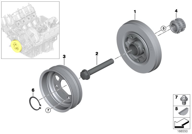 Picture board Belt Drive-Vibration Damper for the BMW 6 Series models  Original BMW spare parts from the electronic parts catalog (ETK) for BMW motor vehicles (car)   ASA-Bolt, Collar screw, Lock Ring, Pulley, Sprocket, Vibration damper, Woodruff key
