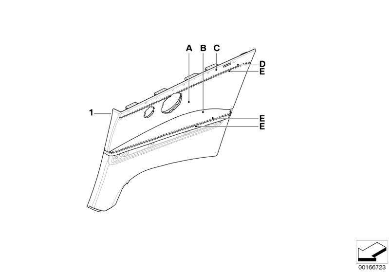 Picture board Indiv.lateral trim panel,partial leather for the BMW 3 Series models  Original BMW spare parts from the electronic parts catalog (ETK) for BMW motor vehicles (car)   Lateral trim panel leather rear left