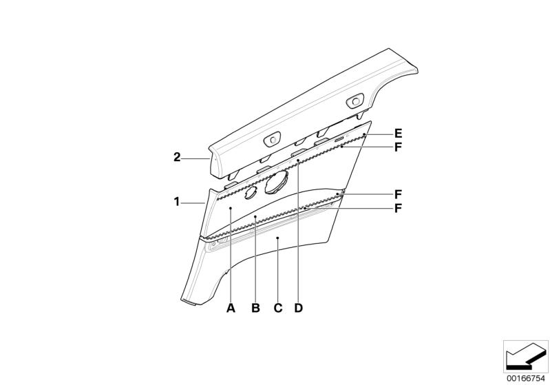 Picture board Individual side trim panel, full leather for the BMW 3 Series models  Original BMW spare parts from the electronic parts catalog (ETK) for BMW motor vehicles (car)   Lateral trim panel leather rear left, Trim panel, railing right