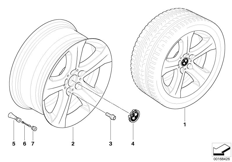 Picture board BMW LA wheel, start spoke 258 for the BMW X Series models  Original BMW spare parts from the electronic parts catalog (ETK) for BMW motor vehicles (car)   Hub cap with chrome edge, Light alloy rim, Rubber valve, Valve, Valve caps, Wheel bolt