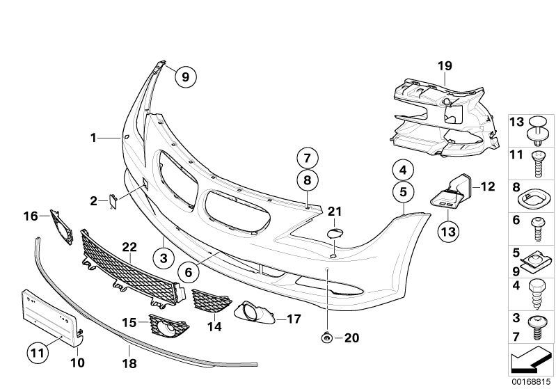 Picture board Trim panel, front for the BMW 6 Series models  Original BMW spare parts from the electronic parts catalog (ETK) for BMW motor vehicles (car)   Adjusting washer, Body nut, Cover, fog lamp, right, Cover, primed, right, Expanding rivet, Fillist