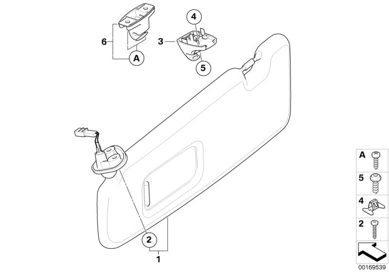 Picture board Sun visors for the BMW 1 Series models  Original BMW spare parts from the electronic parts catalog (ETK) for BMW motor vehicles (car)   Clip, Countersupport, sun visor, Fillister head self-tapping screw, Sheet metal screw, silver, SUN VISOR 