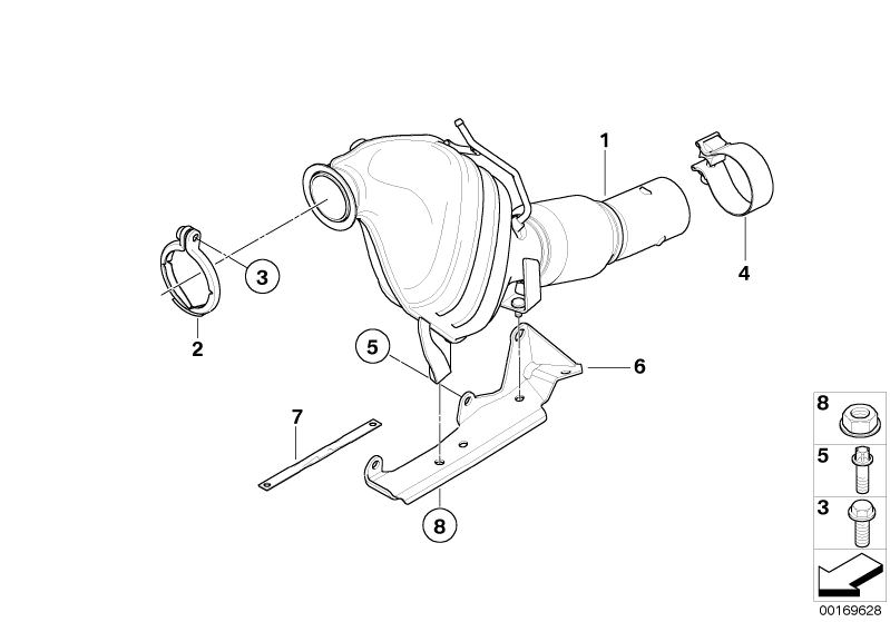 Picture board DIESEL CATALYST for the BMW 5 Series models  Original BMW spare parts from the electronic parts catalog (ETK) for BMW motor vehicles (car)   ASA-Bolt, Collar nut, Exch catalytic converter close to engine, Hex Bolt with washer, Holder catalyt