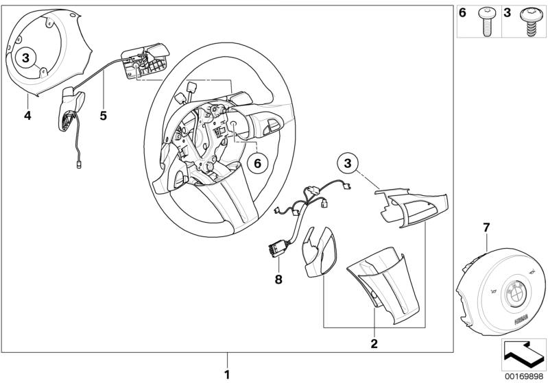 Bildtafel Sportlenkrad Airbag Multif./ Paddles für die BMW Z Modelle  Original BMW Ersatzteile aus dem elektronischen Teilekatalog (ETK) für BMW Kraftfahrzeuge( Auto)    Abdeckung Lenkrad, Airbagmodul Fahrerseite, Linsenkopfschraube, Satz Speichenabdeckun