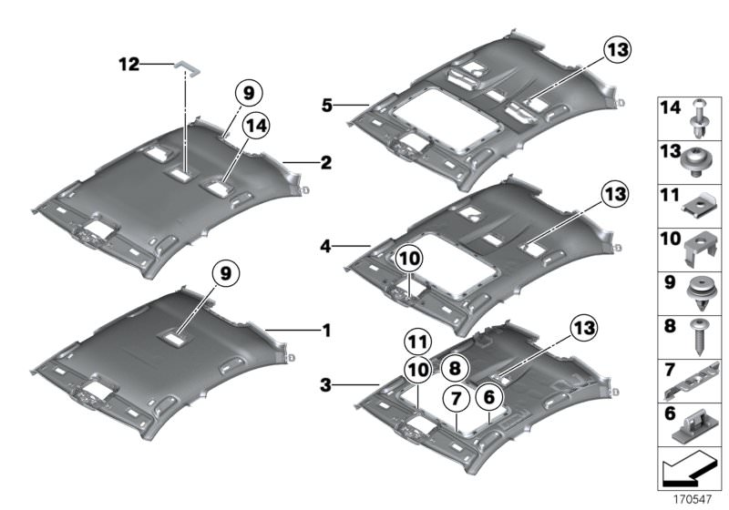 Picture board Headlining for the BMW 7 Series models  Original BMW spare parts from the electronic parts catalog (ETK) for BMW motor vehicles (car)   Adapter, Body nut, BRACKET FOR SLIDING LIFTING ROOF FRAME, Clip Natur, Expanding rivet, Fillister head sc