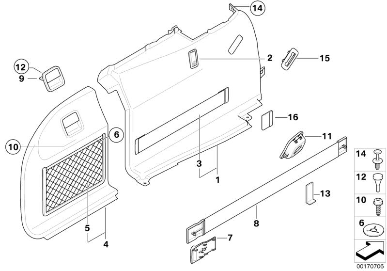 Illustration du LATERAL TRUNK FLOOR TRIM PANEL pour les BMW 5 Série Modèles  Pièces de rechange d'origine BMW du catalogue de pièces électroniques (ETK) pour véhicules automobiles BMW (voiture)   Bracket rubber spring, Cover seat-back clip, right, Cover, 