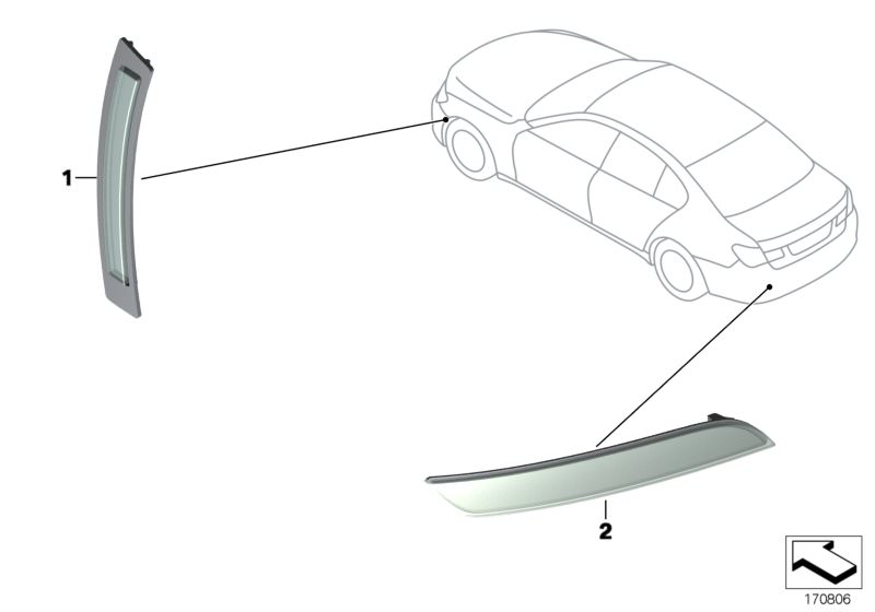 Bildtafel Rückstrahler für die BMW 7er Modelle  Original BMW Ersatzteile aus dem elektronischen Teilekatalog (ETK) für BMW Kraftfahrzeuge( Auto)    Rückstrahler hinten links, Seitenmarkierungsrückstrahler links