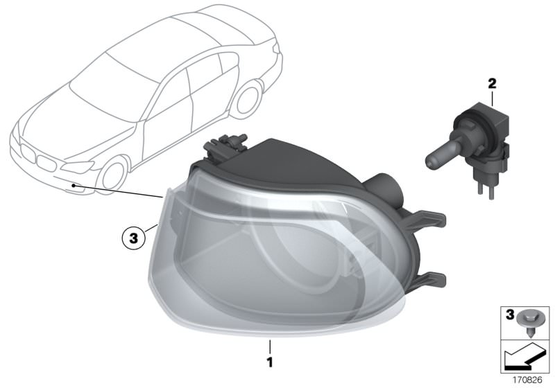 Bildtafel Nebelscheinwerfer für die BMW 7er Modelle  Original BMW Ersatzteile aus dem elektronischen Teilekatalog (ETK) für BMW Kraftfahrzeuge( Auto)    Glühlampe, Nebelscheinwerfer links, Sechskantschraube