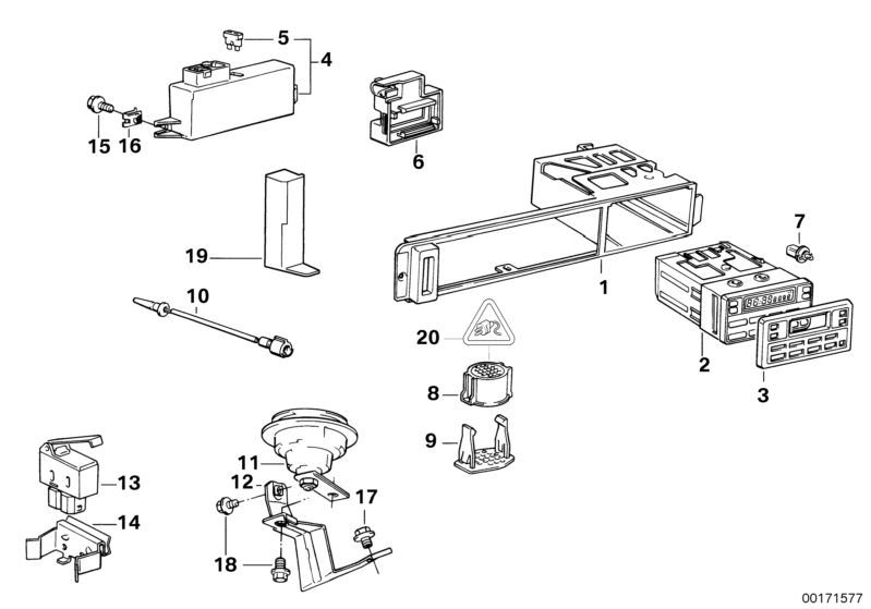 Bildtafel Bordcomputer für die BMW Classic Teile  Original BMW Ersatzteile aus dem elektronischen Teilekatalog (ETK) für BMW Kraftfahrzeuge( Auto)    Aussentemperatursensor, Bedienungselement Bordcomputer, Blechmutter, Blende Bordcomputer, Glühlampe, Gong