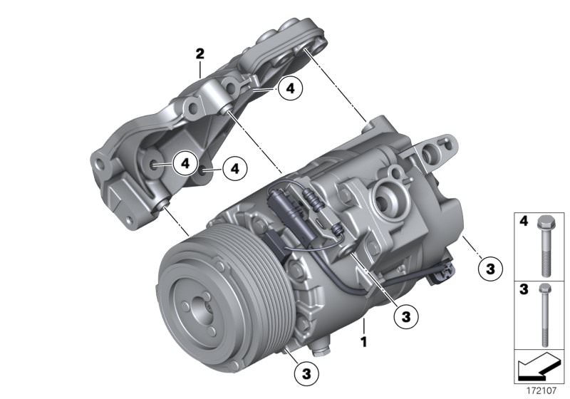 Picture board RP air conditioning compressor for the BMW 5 Series models  Original BMW spare parts from the electronic parts catalog (ETK) for BMW motor vehicles (car)   Bracket, A/C compressor, Hex Bolt with washer, RP AC compressor.w.magnetic coupling