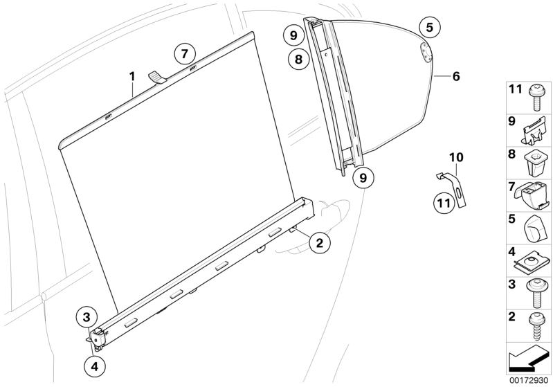 Picture board Roller sun visor, rear door for the BMW 5 Series models  Original BMW spare parts from the electronic parts catalog (ETK) for BMW motor vehicles (car)   Body nut, Clamp, Expanding nut, Fillister head screw, FIXED SUN BLIND HOOK, LEFT REAR DO