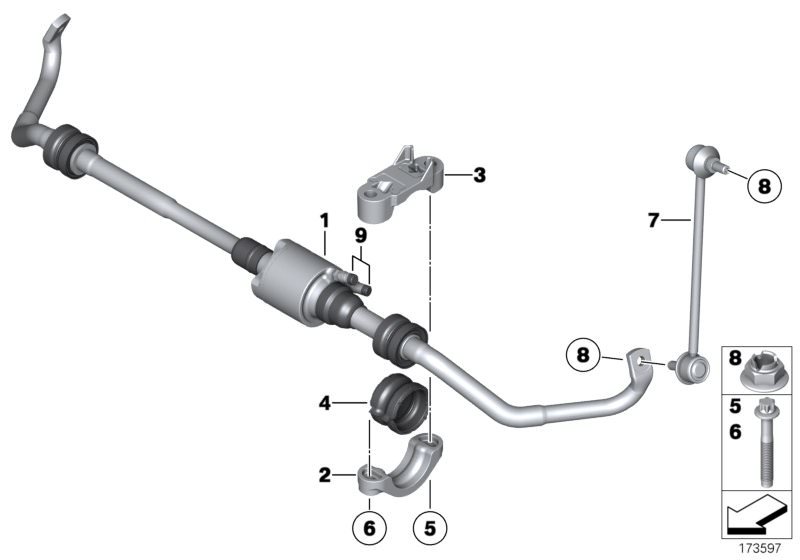 Picture board Front stabilizer bar/Dynamic Drive for the BMW 7 Series models  Original BMW spare parts from the electronic parts catalog (ETK) for BMW motor vehicles (car)   Active stabilizer bar, Front swing support, Hex nut with flange, Holder, stabilis