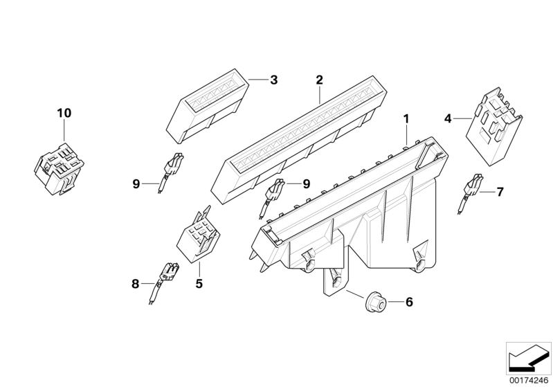 Picture board Fuse housing/relay bracket for the BMW 7 Series models  Original BMW spare parts from the electronic parts catalog (ETK) for BMW motor vehicles (car)   Double leaf spring contact, Fuse housing, Hex nut, RELAIS BASE, RELAY BRACKET, Relay rece