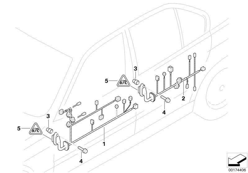 Picture board Door cable harness for the BMW 7 Series models  Original BMW spare parts from the electronic parts catalog (ETK) for BMW motor vehicles (car)   Blind rivet nut, flat headed, Hex Bolt, Pin terminal, Wiring drivers side, WIRING REAR