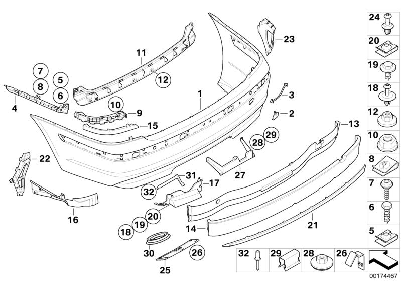 Picture board Trim panel, rear for the BMW 7 Series models  Original BMW spare parts from the electronic parts catalog (ETK) for BMW motor vehicles (car)   Body nut, Clamp, Cover, rear bottom, Expanding rivet, Fillister head screw, Finisher, rear light, p