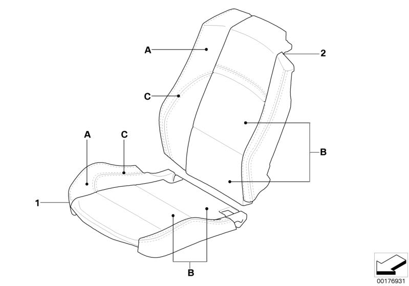 Picture board Individual cover, sport seat, front, LC for the BMW 3 Series models  Original BMW spare parts from the electronic parts catalog (ETK) for BMW motor vehicles (car)   Cover, seat, sport seat, leather, right, Cover,backrest,sports seat,leather 