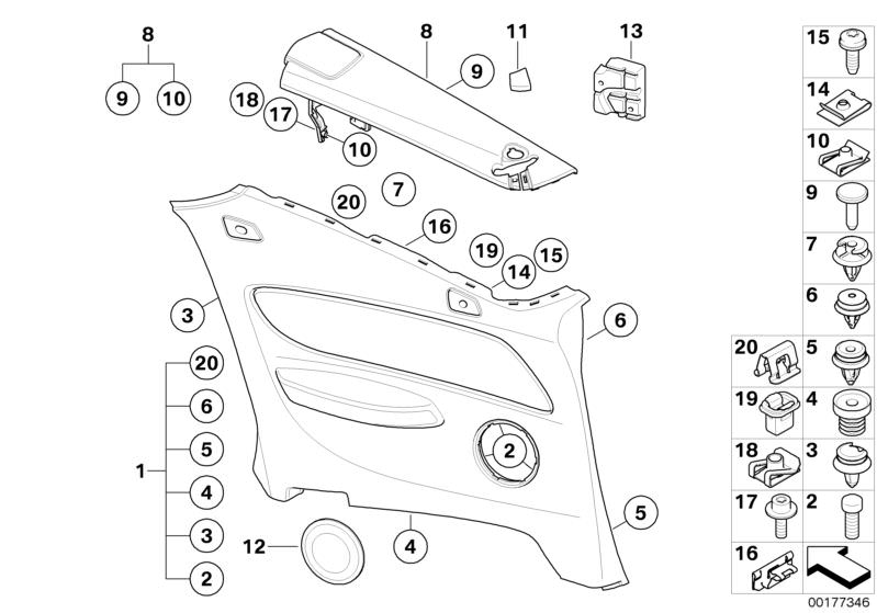 Bildtafel Seitenverkleidung hinten für die BMW 1er Modelle  Original BMW Ersatzteile aus dem elektronischen Teilekatalog (ETK) für BMW Kraftfahrzeuge( Auto)    Anschlagpuffer, Befestigungsbolzen, Blechmutter, Blende Gurtaustritt rechts, Blende Lautspreche