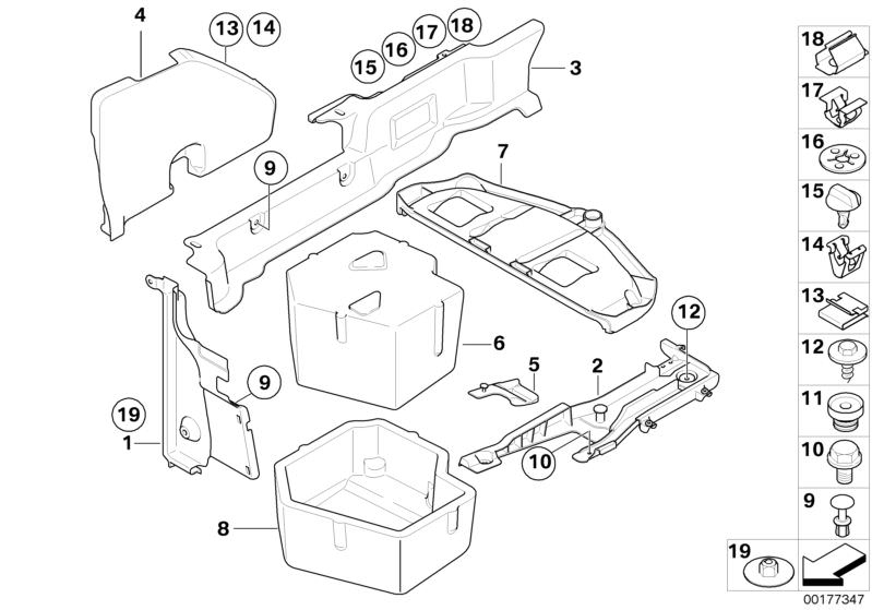 Picture board Mounting parts for trunk floor panel for the BMW 3 Series models  Original BMW spare parts from the electronic parts catalog (ETK) for BMW motor vehicles (car)   Body nut, Clamp, Cover, hydraulic unit, Expanding rivet, Hex Bolt with washer, 