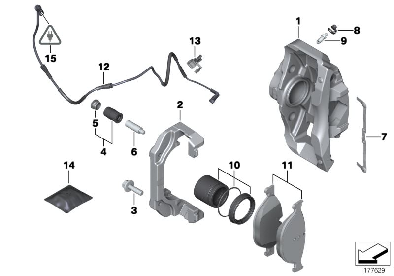 Bildtafel Vorderradbremse-Bremsbelag-Fühler für die BMW 6er Modelle  Original BMW Ersatzteile aus dem elektronischen Teilekatalog (ETK) für BMW Kraftfahrzeuge( Auto)    Bremsbelagfühler vorne links, Bremsklotzpaste, Bremssattelgehäuse links, Bremsträger, 