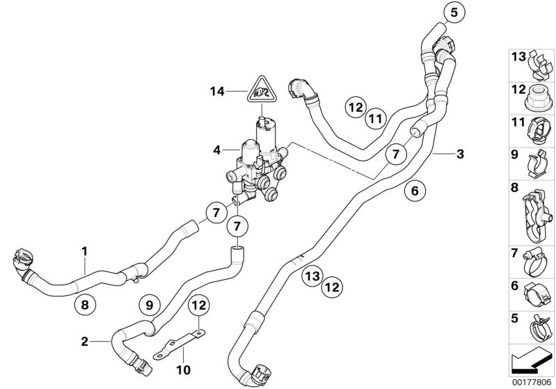 Picture board Independent heating water valves for the BMW 3 Series models  Original BMW spare parts from the electronic parts catalog (ETK) for BMW motor vehicles (car)   Changeover valve, Hex nut, Hose clamp, Hose clamp, double, Hose clamp, inlet, Hose 