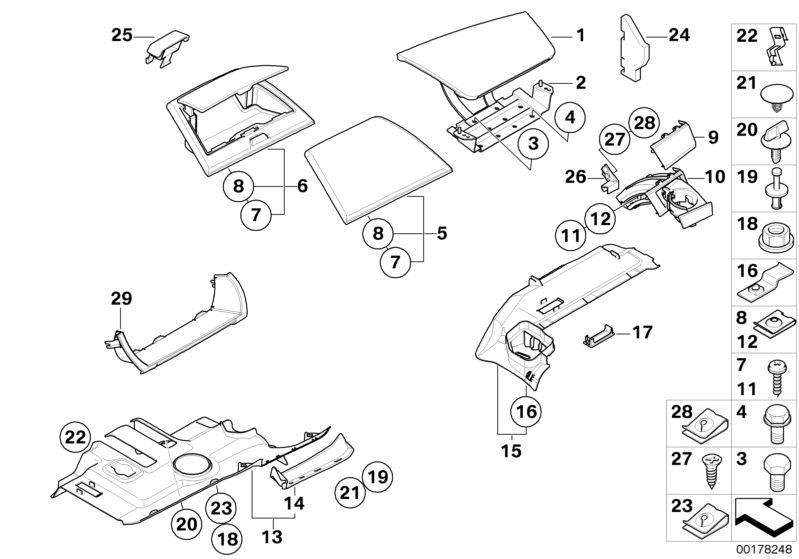 Picture board Mounting parts, instrument panel for the BMW X Series models  Original BMW spare parts from the electronic parts catalog (ETK) for BMW motor vehicles (car)   Adapter drink holder instum. panel, Air bag cover, C-clip nut, Clip, Cover drink ho