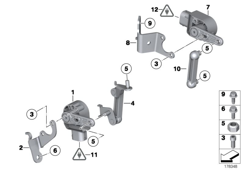 Bildtafel Sensor Leuchtweitenregulierung für die BMW 5er Modelle  Original BMW Ersatzteile aus dem elektronischen Teilekatalog (ETK) für BMW Kraftfahrzeuge( Auto)    Buchsengehäuse, Halter Höhenstandssensor links, Höhenstandssensor, Höhenstandssensor hint