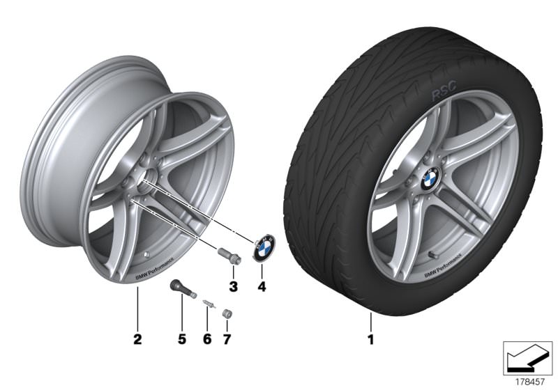 Picture board BMW Performance LA wheel, double sp. 313 for the BMW 3 Series models  Original BMW spare parts from the electronic parts catalog (ETK) for BMW motor vehicles (car)   Hub cap with chrome edge, Rubber valve, Valve, Valve caps, Wheel bolt black