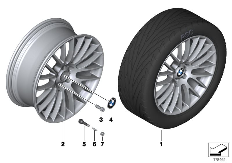 Picture board BMW LA wheel, cross spoke 312 for the BMW 6 Series models  Original BMW spare parts from the electronic parts catalog (ETK) for BMW motor vehicles (car)   Hub cap with chrome edge, Light alloy rim Ferricgrey, Rubber valve, Valve, Valve caps 