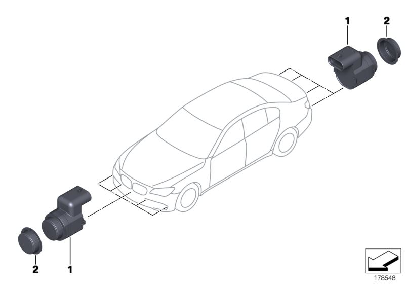 Illustration du Capteur  pour les BMW 1 Série Modèles  Pièces de rechange d'origine BMW du catalogue de pièces électroniques (ETK) pour véhicules automobiles BMW (voiture)   Decoupling ring PDC torque converter, Ultrasonic-sensor