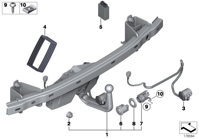 Picture board Trailer tow hitch, electrically pivoted for the BMW 7 Series models  Original BMW spare parts from the electronic parts catalog (ETK) for BMW motor vehicles (car)   Body nut, Bracket, switch, trailer coupling, Combi. fillister head self-tapp