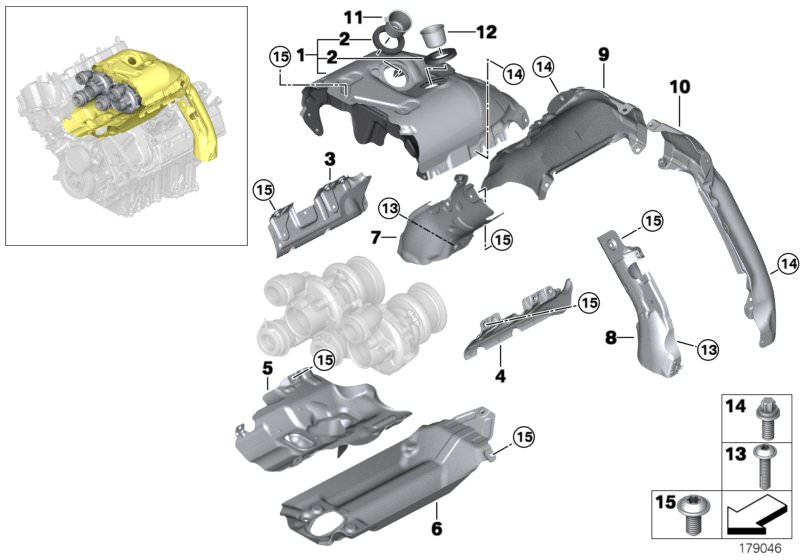 Picture board Turbocharger heat protection for the BMW 6 Series models  Original BMW spare parts from the electronic parts catalog (ETK) for BMW motor vehicles (car)   ASA-Bolt, Fillister head screw, Heat protection, Heat protection left, Heat protection 