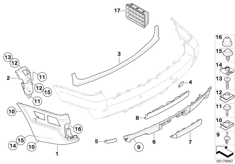 Picture board Mounting parts for the BMW X Series models  Original BMW spare parts from the electronic parts catalog (ETK) for BMW motor vehicles (car)   Body nut, BREATHER COVERING REAR, Cap nut, Cover, bottom, Cover, towing eye, primed, Covering left, E