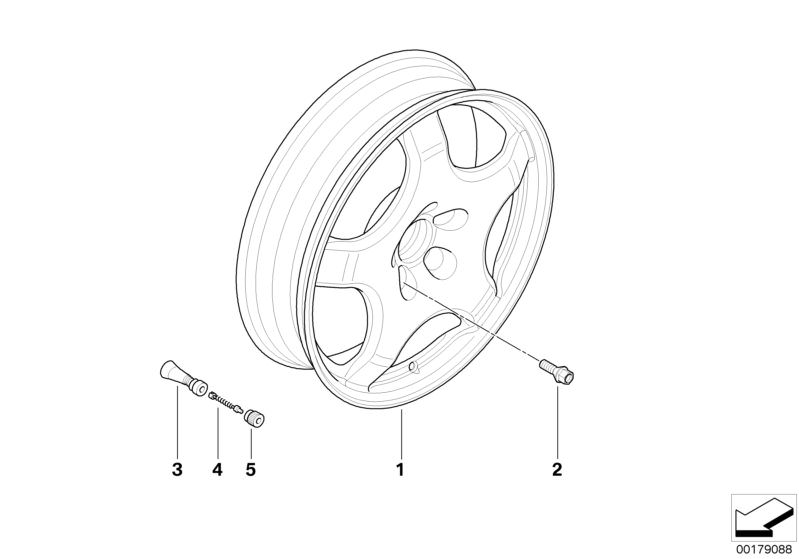 Picture board Emergency wheel, light alloy for the BMW X Series models  Original BMW spare parts from the electronic parts catalog (ETK) for BMW motor vehicles (car)   Emergency wheel, light alloy, Rubber valve, Valve, Valve caps, Wheel bolt black