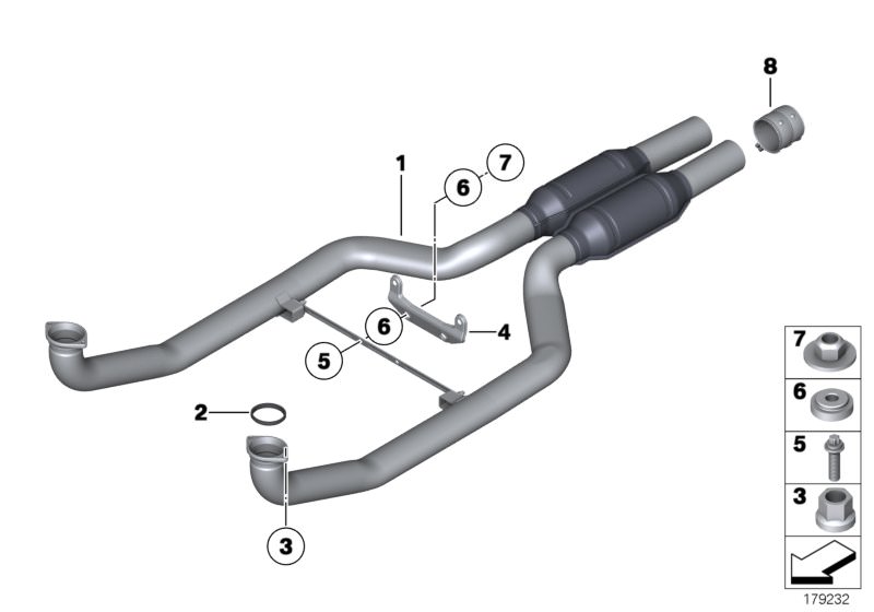 Picture board FRONT SILENCER for the BMW 6 Series models  Original BMW spare parts from the electronic parts catalog (ETK) for BMW motor vehicles (car)   Bracket, CLAMPING BUSH, Collar nut, Front pipe, Hex nut, Hexalobular socket screw, Joint bushing, Muf