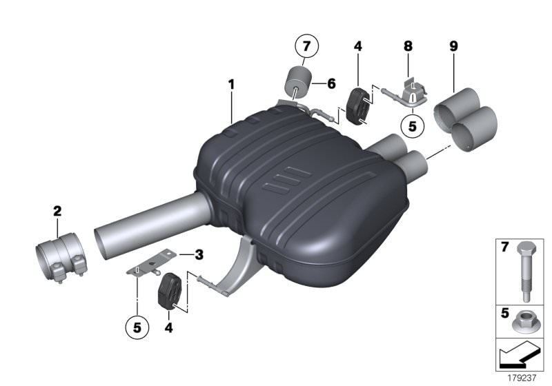 Bildtafel Abgasanlage hinten für die BMW 7er Modelle  Original BMW Ersatzteile aus dem elektronischen Teilekatalog (ETK) für BMW Kraftfahrzeuge( Auto)    Bundschraube, Endrohrblende schwarzchrom, Gummilager, Halteblech links, Halter Nachschalldämpfer hint